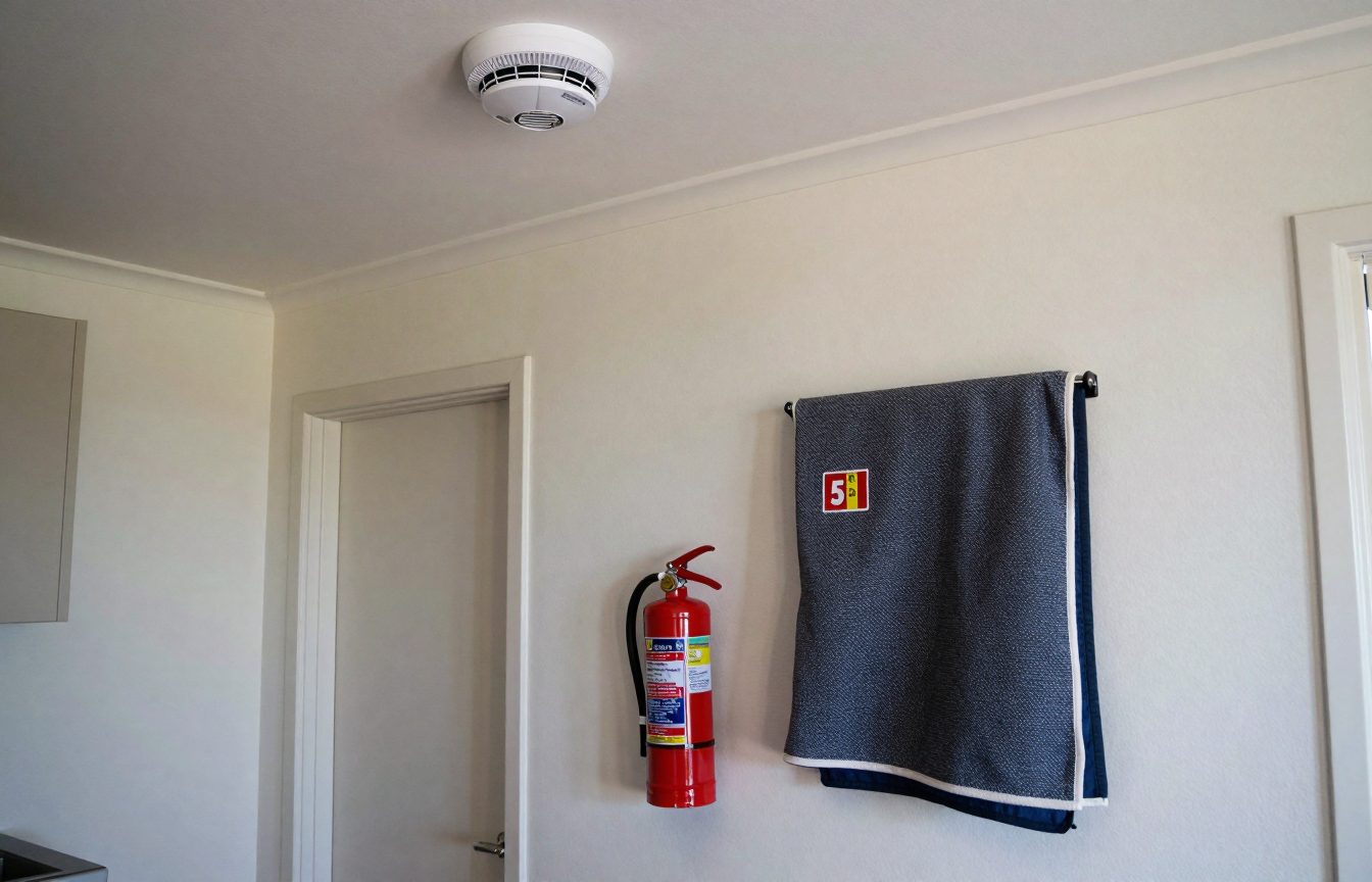 A white smoke alarm on a hallway ceiling and a small fire extinguisher and fire blanket mounted on a kitchen wall